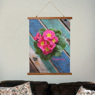 Tapisserie Suspendue Primroses roses Turquoise Aquw Turquoise Rustique 