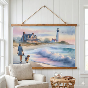 Tapisserie Suspendue Promenade côtière jusqu'au phare au coucher du sol