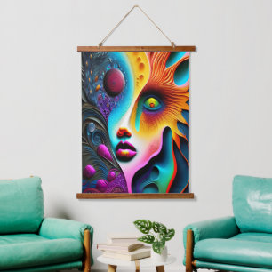 Tapisserie Suspendue Psychédélique Abstraite Visage Vibrant Trippy