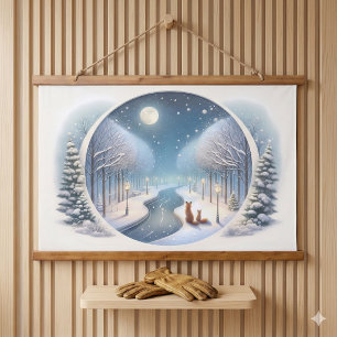 Tapisserie Suspendue Renards d'hiver au clair de lune par la rivière en