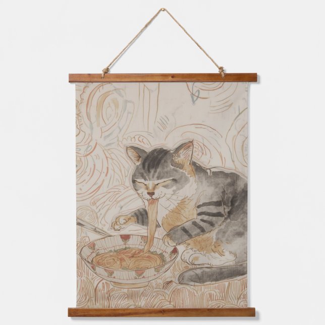 Tapisserie Suspendue Retro Cat Eating Ramen (Recto)