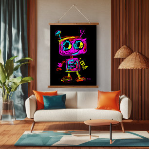 Tapisserie Suspendue Robot Art Pop Néon : Ludique et Futuriste