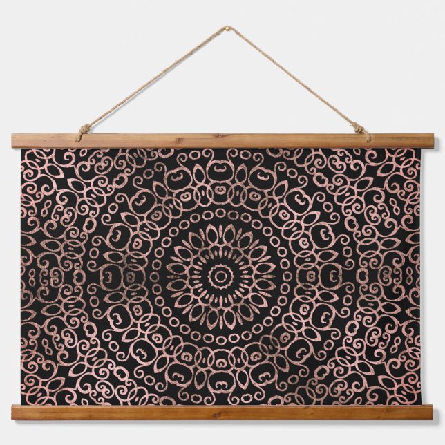 Tapisserie Suspendue Rose Gold Noir Mandala Trippy Psychedelic Hippie (Devant)