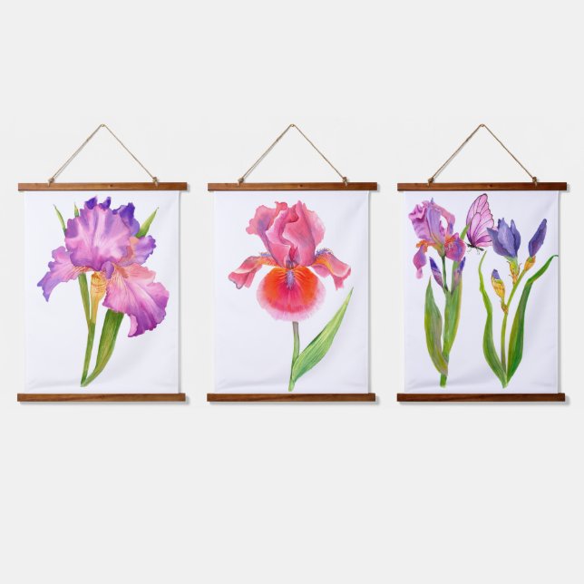 Tapisserie Suspendue Rose violet bleu Iris Fleurs Floral Aquarelle (Tripler)