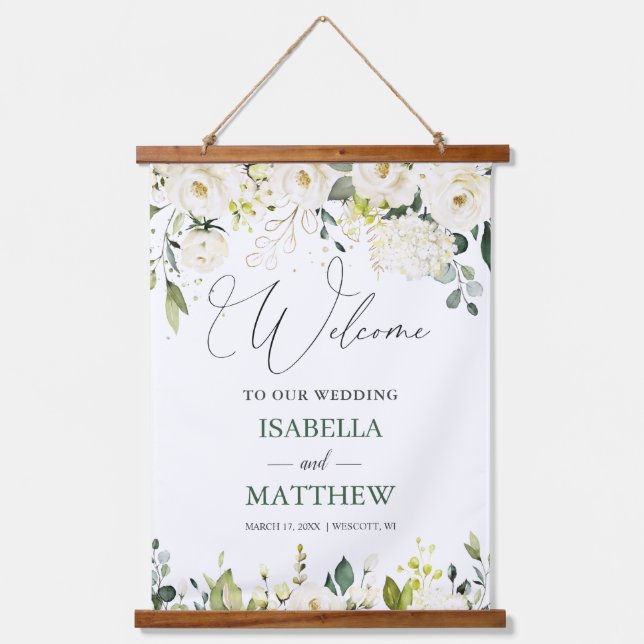 Tapisserie Suspendue Roses blanches Verdure Mariage Affiche de bienvenu (Recto)