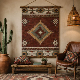 Tapisserie Suspendue Rustic Southwestern Diamond Rug Terracotta Sage 
