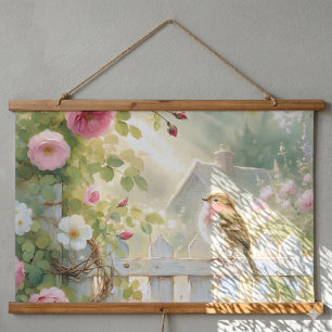 Tapisserie Suspendue Scène aquarelle d'oiseau aux roses de jardin