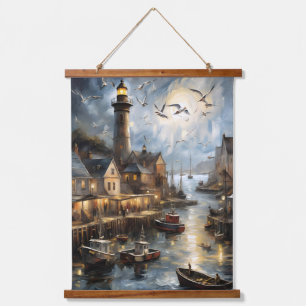Tapisserie Suspendue Serene Coastal Village à Dusk Nautical Harbour Art