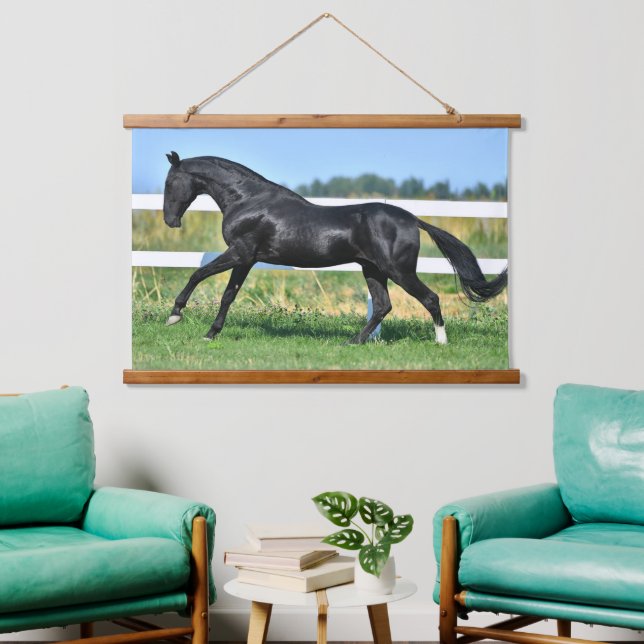 Tapisserie Suspendue Stallion de thé Akhal noir galopant paddock clôtur (Salon)