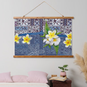 Tapisserie Suspendue Tapa hawaïen bleu et Plumeria