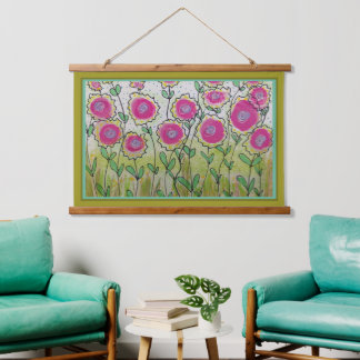 Tapisserie Suspendue Tapestry - Pink Flowers Green Leaves