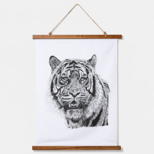 Tapisserie Suspendue Tête de tigre pointillisme noir et blanc Art fauni