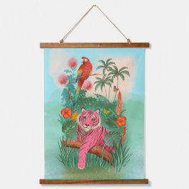 Tapisserie Suspendue Tigre rose et perroquet dans la jungle tropicale