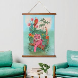 Tapisserie Suspendue Tigre rose et perroquet dans la jungle tropicale