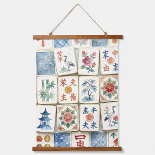 Tapisserie Suspendue Tuiles de Mahjong Chinoiserie Fleurs Aquarelles Oi