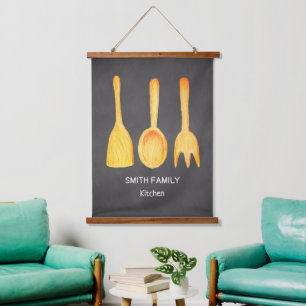 Tapisserie Suspendue Ustensiles de cuisine Noir Blanc Vintage