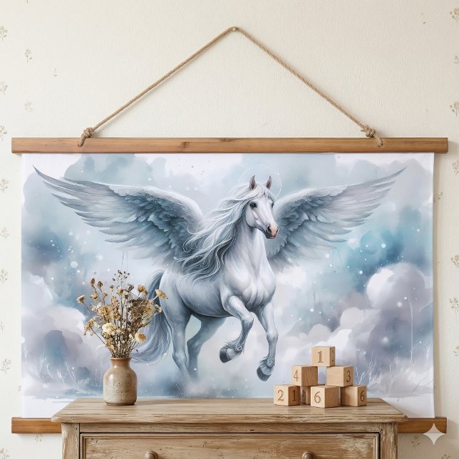 Tapisserie Suspendue White Pegasus Wings Soft Blue Sky Dreamscape (White Pegasus Wings Soft Blue Sky Dreamscape Hanging Tapestry In Entry)