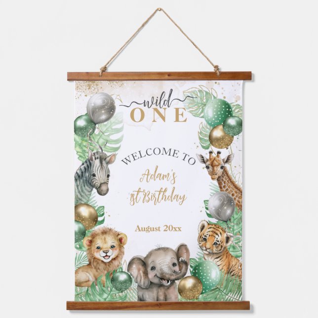 Tapisserie Suspendue Wild One Safari animaux Balloon Baby 1er anniversa (Recto)