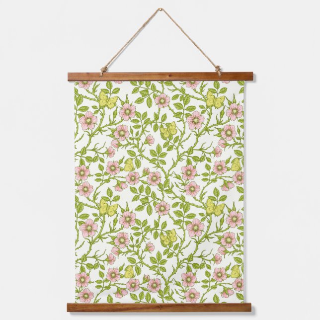 Tapisserie Suspendue Wild roses and butterflies /pink/pale green/yellow (Recto)
