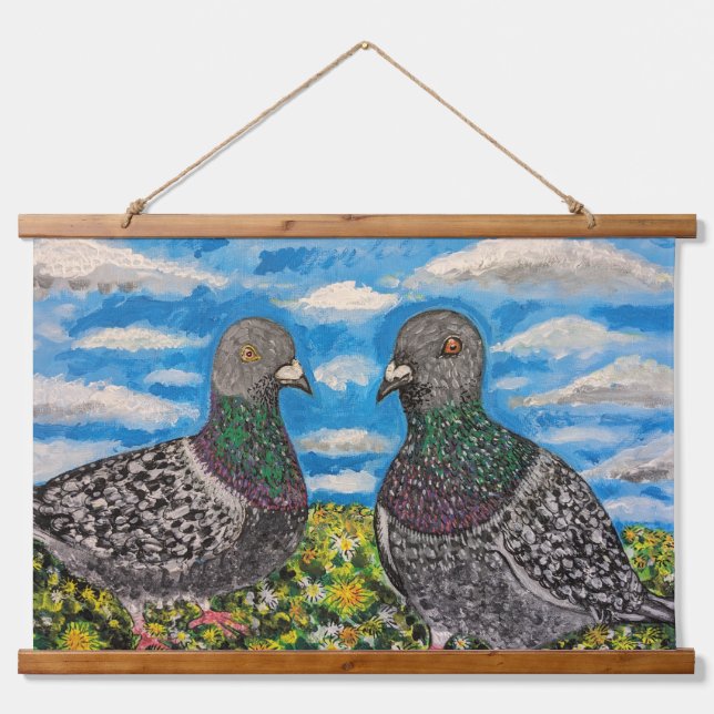Tapisserie Suspendue Wood Topped Wall Tapestry of two pigeons (Devant)