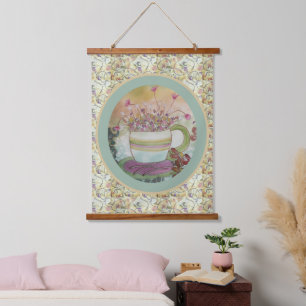 Tapisserie - Tasse mit Blumen Wandteppich Mit Holzrahmen