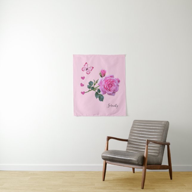 Tapisserien Rosa Rose Blütenschmetterlingsherzen Wandteppich (Beispiel)