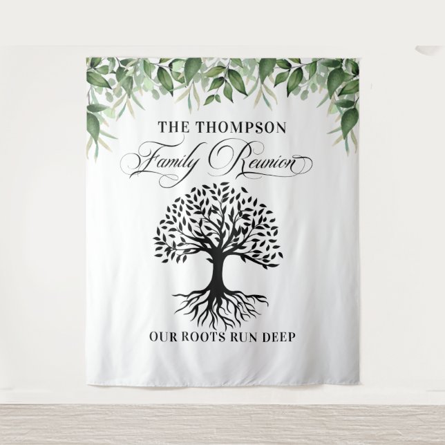 Tapiz Family reunion greenery tree backdrop banner Wandteppich (Vorderseite)