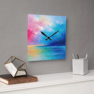 "Tarfarran" Pink und Blue Landschaft Seascape Quadratische Wanduhr