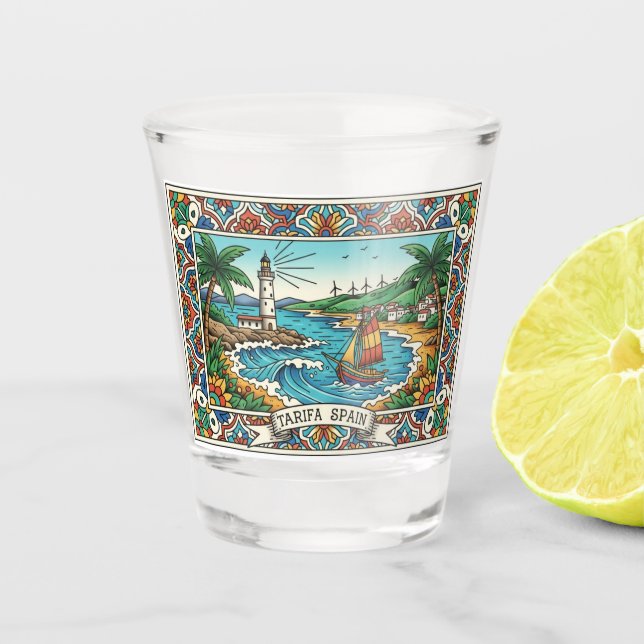 Tarifa Spanien Reise Schnapsglas (Vorderseite)