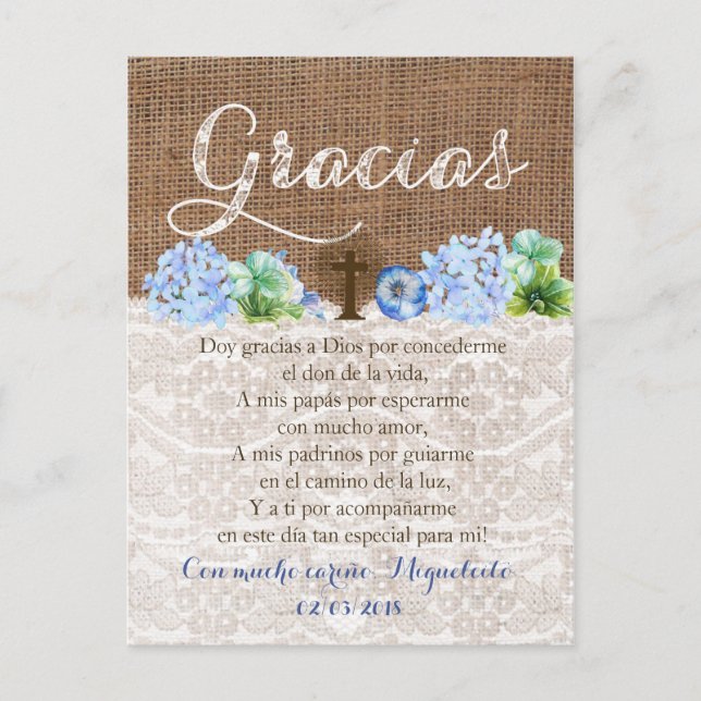 Tarjeta de gracias con oración para Bautizo Postkarte (Vorderseite)