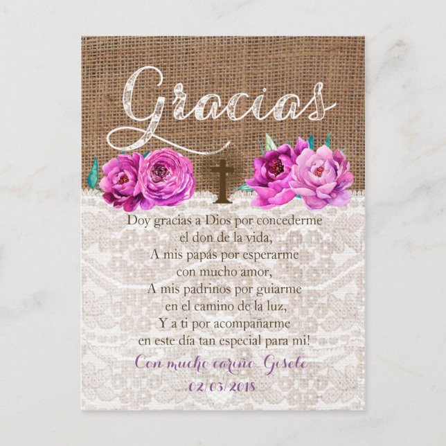 Tarjeta de Gracias con oracion Recuerdo de Bautizo Postkarte (Vorderseite)