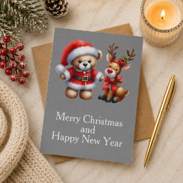 Tarjeta de Navidad con imagen de osito y reno. Karte