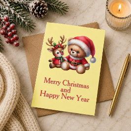 Tarjeta de Navidad con imagen de osito y reno. Karte