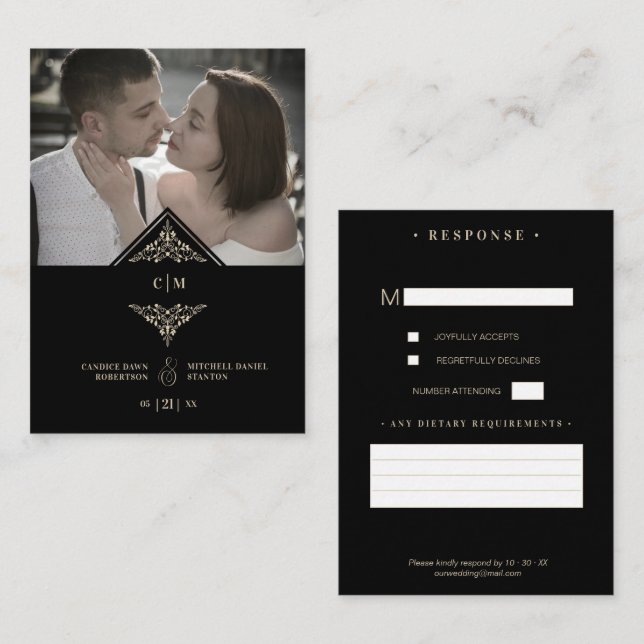 Tarjeta De Recepción RSVP Gold Wedding Initials Fl Begleitkarte (Vorne/Hinten)