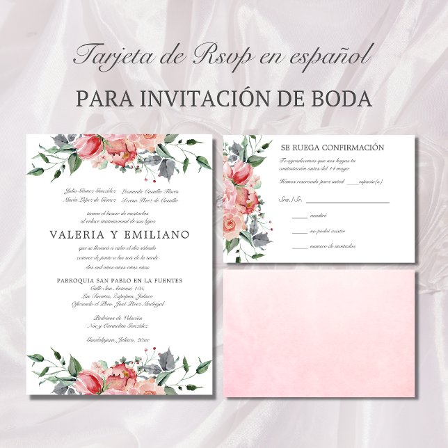 Tarjeta de UAWG de boda rosa elegante Spanische UA RSVP Karte (Tarjeta de RSVP en español con flores rosados)