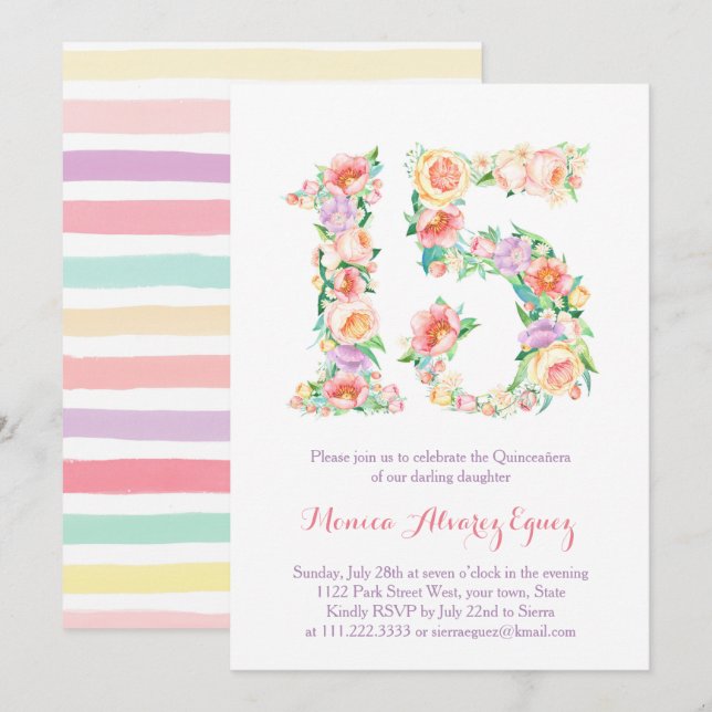 Tarjetas de Fiesta de Quince años, Blumenpasten Einladung (Vorne/Hinten)
