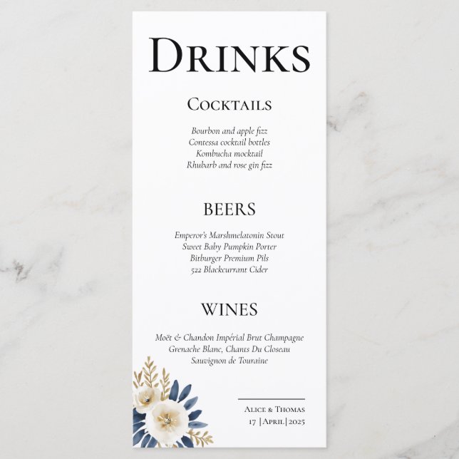 Tarjetas de Menú Cheers Couple Floral Blue Gold Menükarte (Vorderseite)