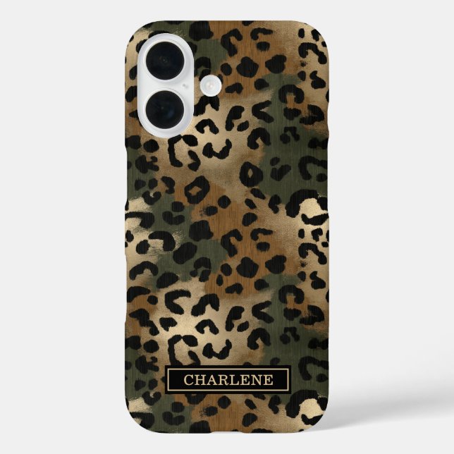 Tarnmuster Leopardenprint Monogramm iPhone 16 Hülle (Rückseite)