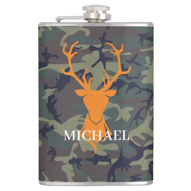 Tarnung Orange Hirschbock Jagd | Monogramm Flachmann (Vorderseite)
