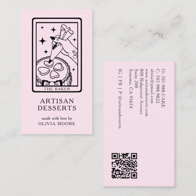 Tarot Artisan Baker Dessert Catering QR Code Pink Visitenkarte (Vorne/Hinten)