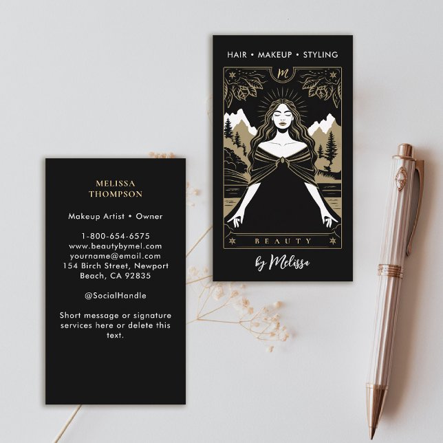 Tarot Berge Goddess Moderne Kunst, Dichtung und Mu Visitenkarte (tarot business card mountains nature mystical gold black makeup hair lashes psychic reiki healer)