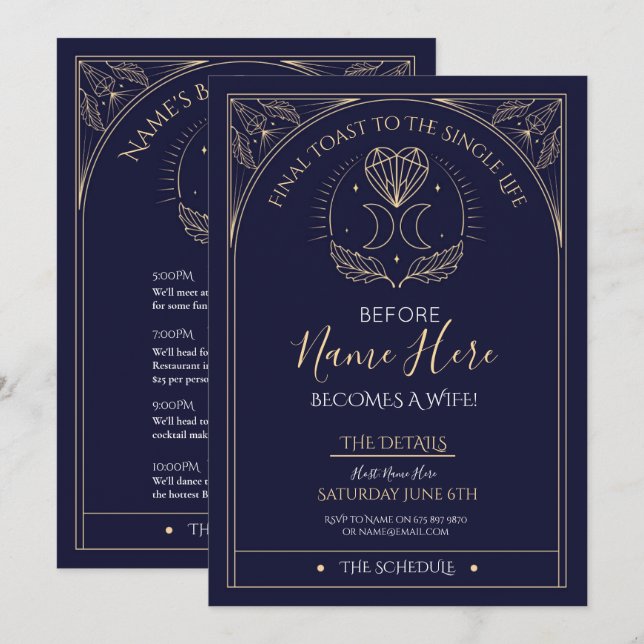 Tarot Brautparty Party Itinerary Navy Mystical Einladung (Vorne/Hinten)
