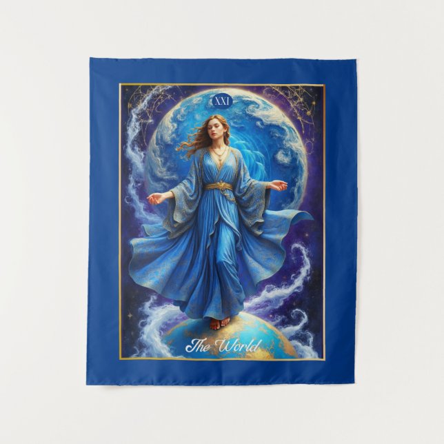 Tarot Card, the World, in Deep Blue Wandteppich (Vorderseite)