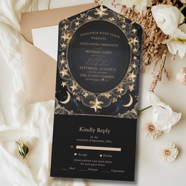 Tarot Celestial Wedding Sun Moon Stars Gold All In One Einladung (Von Creator hochgeladen)