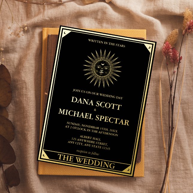 Tarot Celestial Wedding Sun Moon Stars Gold Folieneinladung (Von Creator hochgeladen)