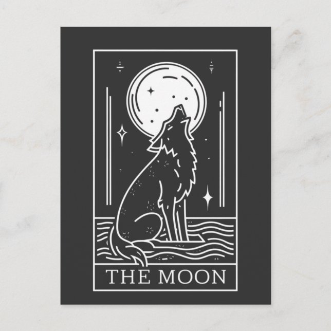 Tarot-Karte Der Mondwolf, der die Postkarte hält (Vorderseite)