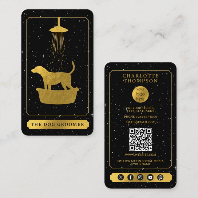 Tarot Logo Hund Grooming Pet Groomer Schwarz Gold Visitenkarte (Vorne/Hinten)
