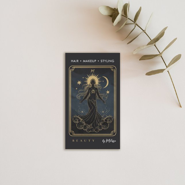 Tarot Moon Water Goddess Moderne Elegantes Schwarz Visitenkarte (tarot business card mystical water gold black makeup hair lashes psychic reiki healer)