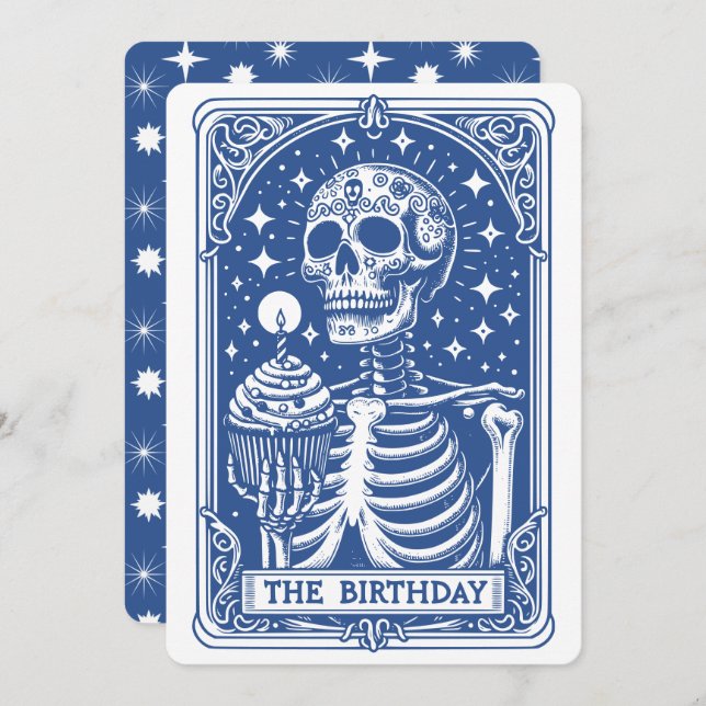 Tarot Skeleton Blue Birthday Einladung (Vorne/Hinten)