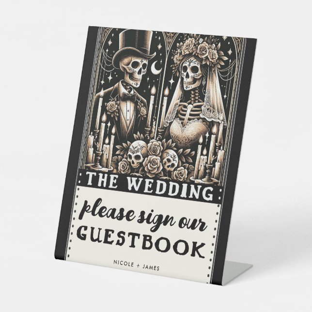 Tarot Skeletons Bride Groom Wedding Gästebuch Sockelschild (Vorderseite)